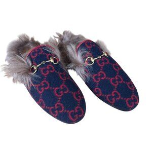 Gucci Princetown Fur-Lined Mule Slippers in Navy GG Wool Size 38.5